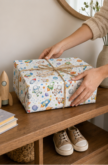 A gift box wrapped in white paper with a colorful space-themed print of astronauts, rockets, and planets, tied with a natural jute twine bow. The box is placed on a wooden shelf in a cozy room setting with a person's hands adjusting the twine.