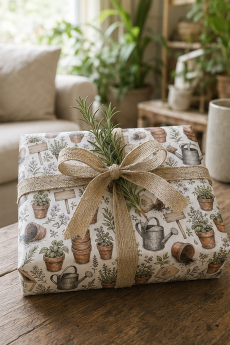 Personalised Terracotta Pot Wrapping Paper A gift-wrapped box on a rustic wooden table, featuring a garden-themed wrapping paper with illustrations of potted plants and watering cans, tied with a natural jute ribbon and topped with a sprig of rosemary.