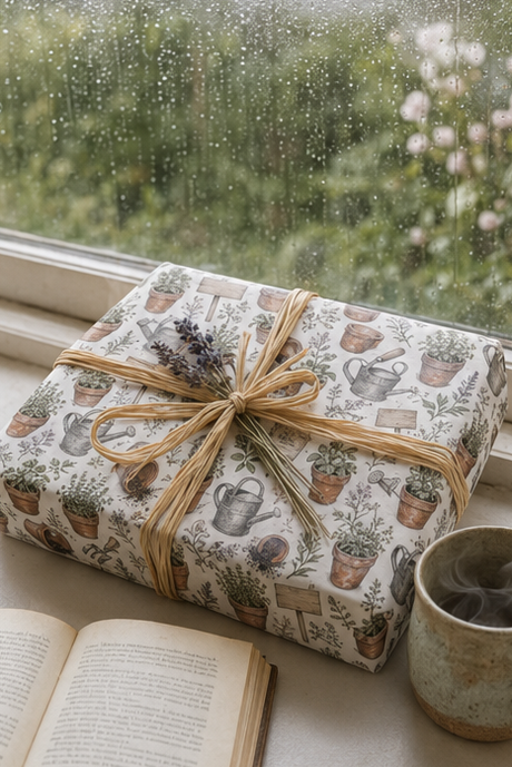 Personalised Terracotta Pot Wrapping Paper A gift box wrapped in cream-colored paper with a vintage-style botanical and garden pattern, tied with a natural jute twine bow and decorated with a small sprig of lavender. It is placed on a windowsill with a blurred rainy window background, an open book, and a ceramic mug.
