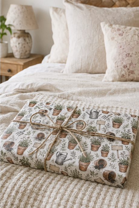 Personalised Terracotta Pot Wrapping Paper A wrapped rectangular gift box tied with twine sits on a bed. The wrapping paper has a botanical and gardening print with potted plants, watering cans, and small greenery illustrations on a light background.
