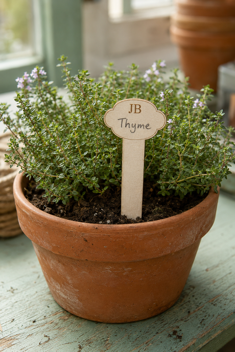 A potted thyme plant in a terracotta pot on a distressed green wooden surface, with a  Personalised wooden stake sign reading 'JB Thyme'.