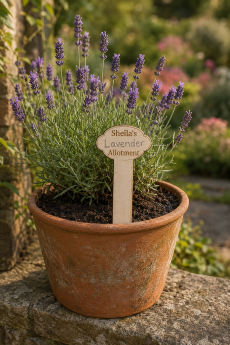 A potted lavender plant in a terracotta pot with a wooden sign reading 'Sheila's Lavender Allotment' in a garden setting.