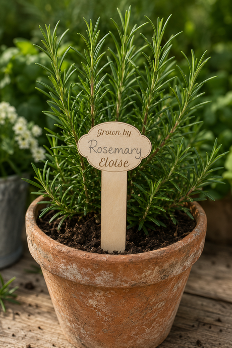 A potted rosemary plant in a terracotta pot on a rustic wooden surface, with a small wooden sign reading 'Grown by Rosemary Eloise' in the center.