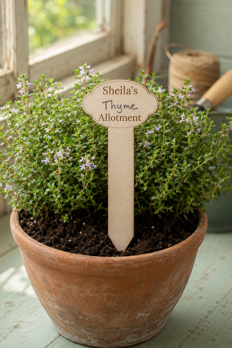 A potted thyme plant in a terracotta pot with a wooden stake sign reading 'Sheila's Thyme Allotment,' photographed near a window with gardening props in the background.