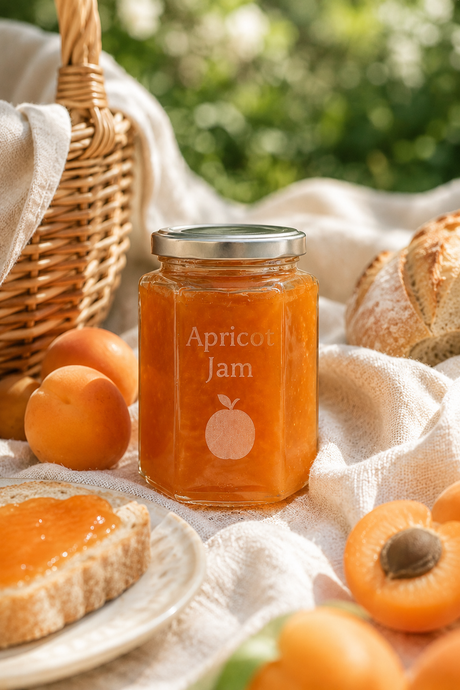 Jar of apricot jam on a picnic setting with bread and apricots.