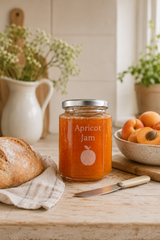 Personalised Jar of apricot jam on a wooden table with bread and apricots.