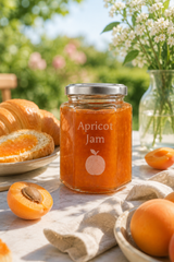 A personalised Jar of apricot jam on a table with apricots and flowers in the background