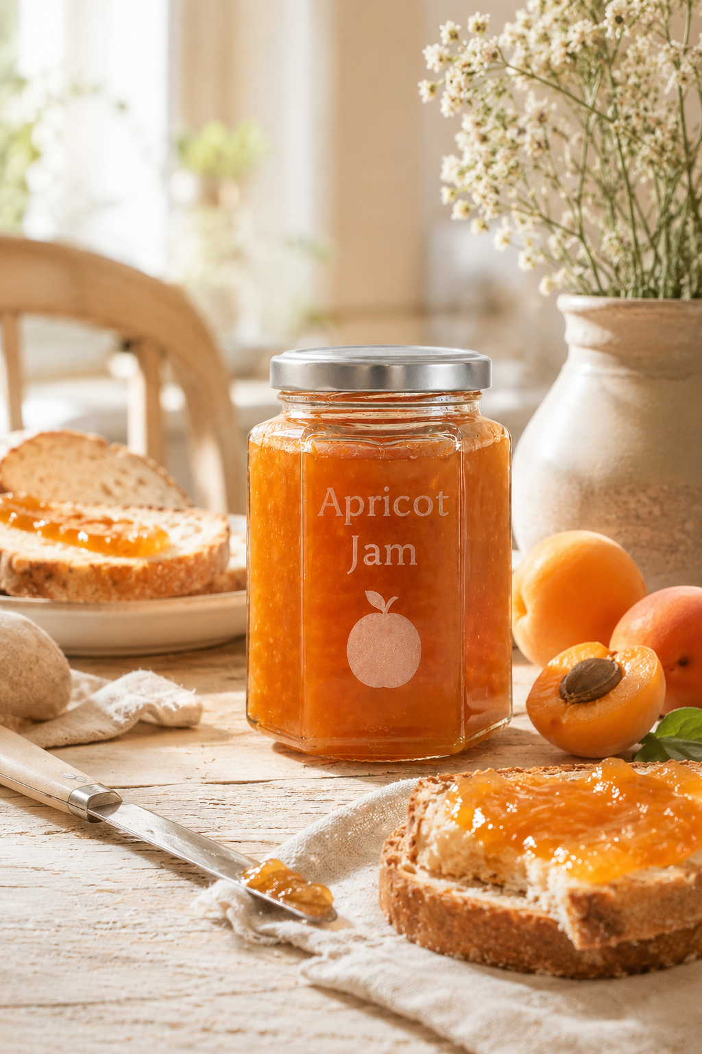 A personalised Jar of apricot jam on a table with bread and apricots