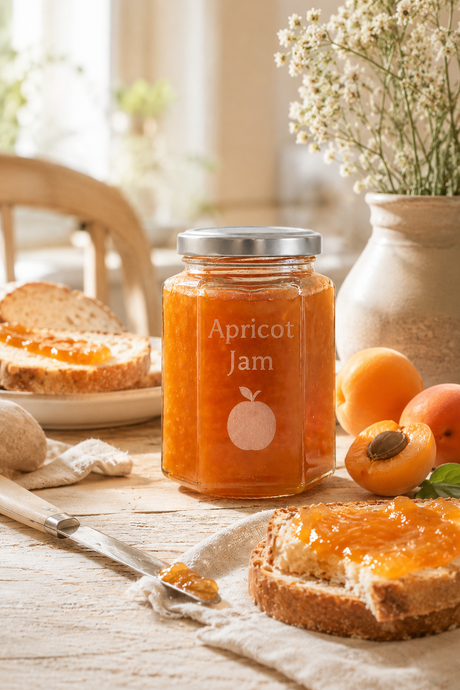 A personalised Jar of apricot jam on a table with bread and apricots