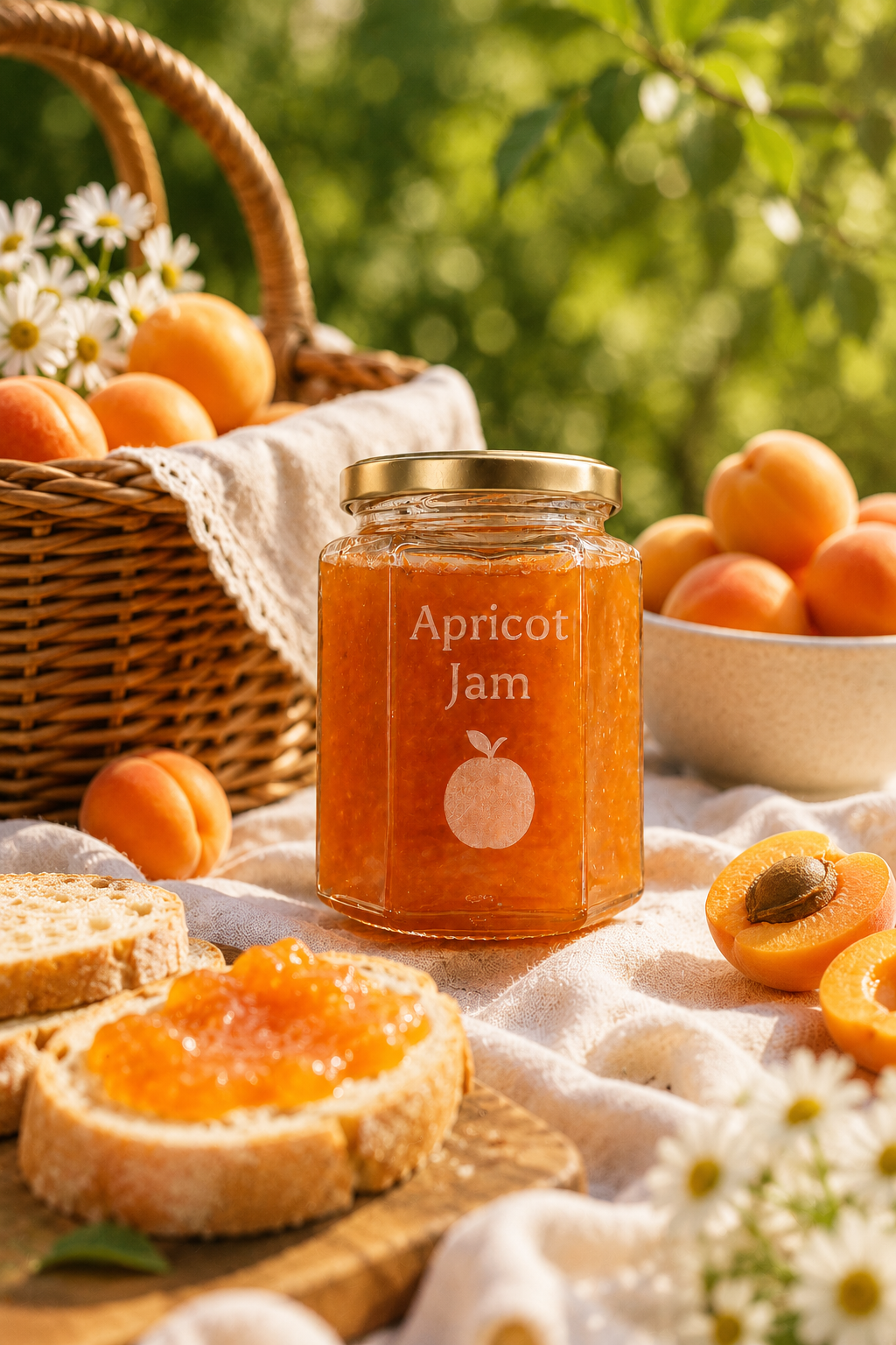 Personalised 250ml Hexagonal Glass Jam Jar with Lid: Gold Lid. Jar of apricot jam with apricots and bread on a table outdoors