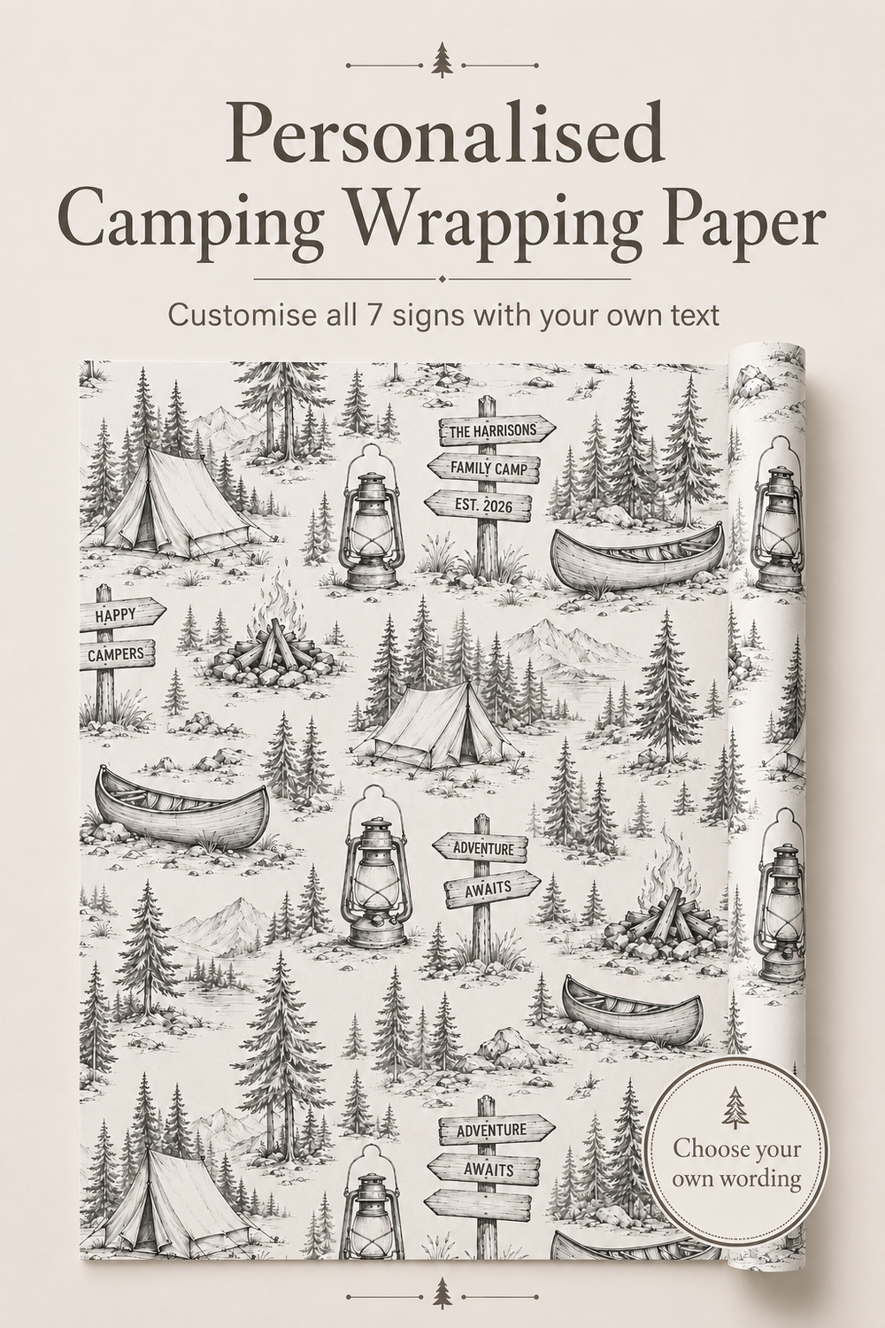 Personalised camping wrapping paper shown on a journal cover, featuring a black and white illustrated pattern of tents, campfires, canoes, mountains, and directional signs. Text at the top reads 'Personalised Camping Wrapping Paper' and a badge says 'Choose your own wording'.