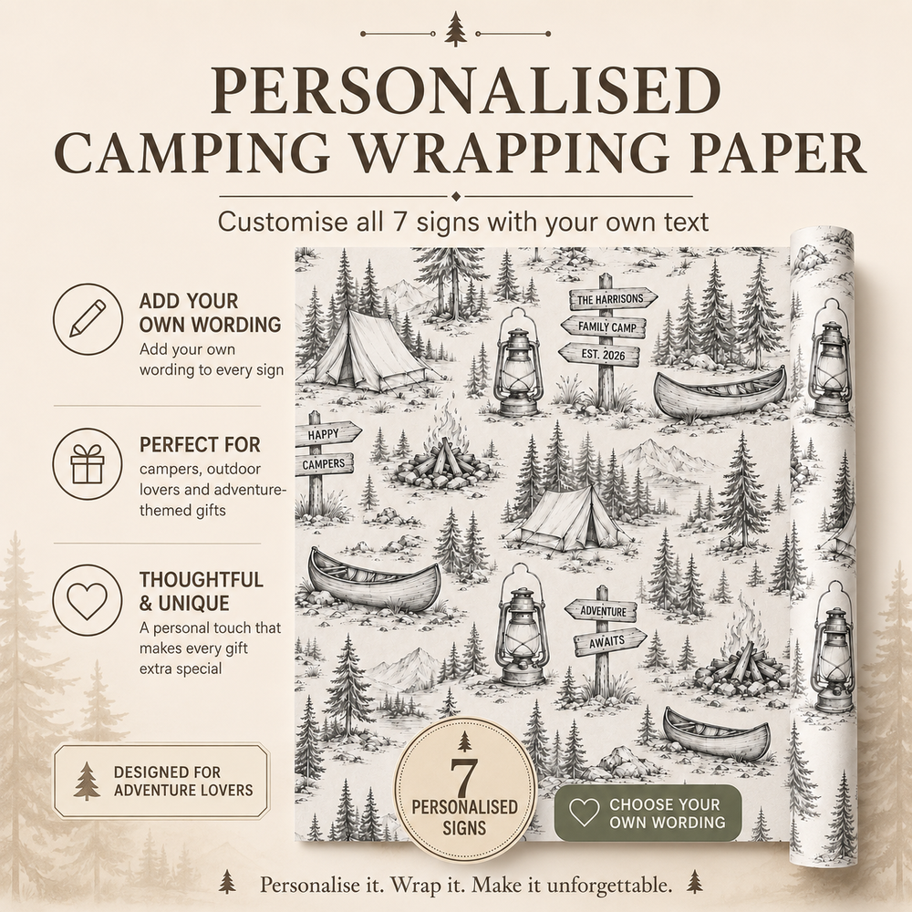 Customisable camping-themed wrapping paper shown as a printed roll with a forest illustration pattern, alongside marketing text for personalisation options on a beige background.