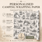 Customisable camping-themed wrapping paper shown as a printed roll with a forest illustration pattern, alongside marketing text for personalisation options on a beige background.