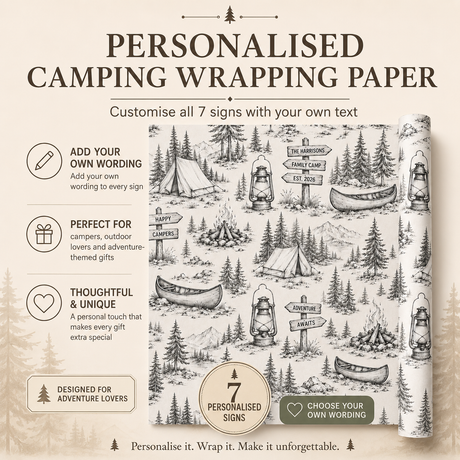 Customisable camping-themed wrapping paper shown as a printed roll with a forest illustration pattern, alongside marketing text for personalisation options on a beige background.