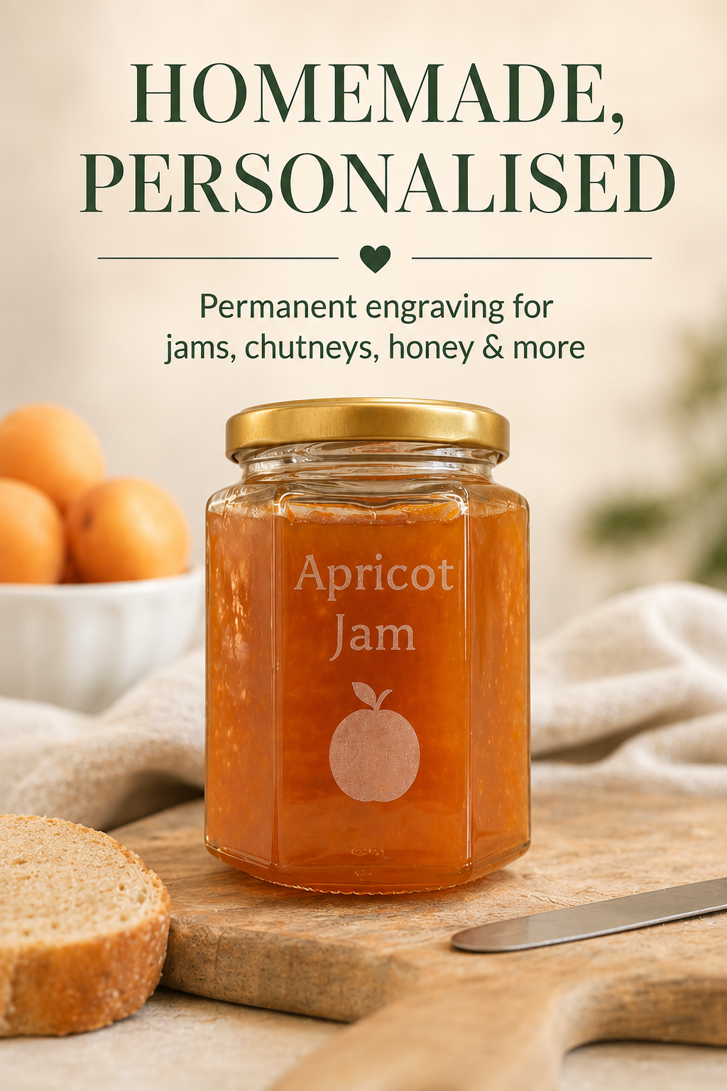 A glass jar of apricot jam with a gold lid and custom white engraving reading 'Apricot Jam' with a peach graphic, set on a wooden board with bread and oranges in the background. Large text at the top reads 'HOMEMADE, PERSONALISED'.