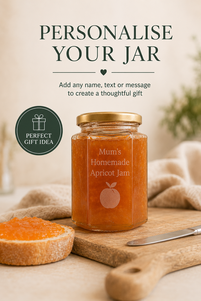 A glass jar of orange apricot jam with a gold lid on a wooden board, next to a slice of toast and a knife, with text reading 'PERSONALISE YOUR JAR' and 'Mum's Homemade Apricot Jam' on the jar.