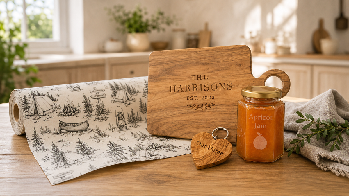An engraved wooden board, glass jam jar, heart keyring and wrapping paper on a kitchen table.