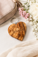 Personalised Olive Wood Heart Keyring