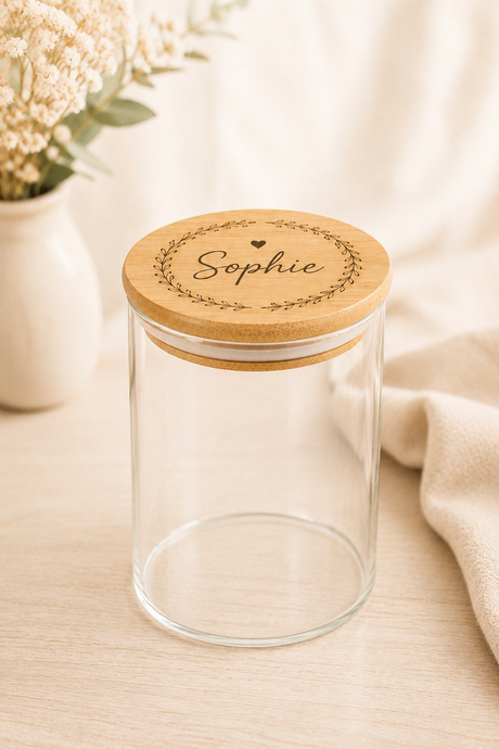 Personalised Scandi Glass Storage Jar with Wooden Lid
