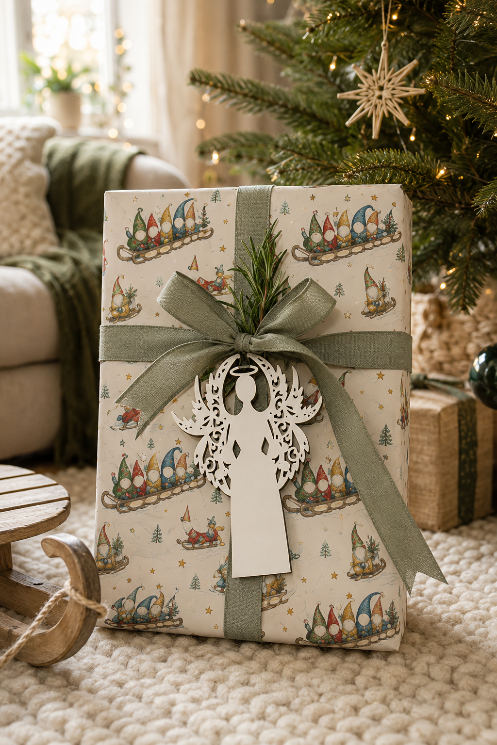 White filigree angel gift tag on a gift wrapped in Personalised Gonk Sledge Race paper beneath a Christmas tree.
