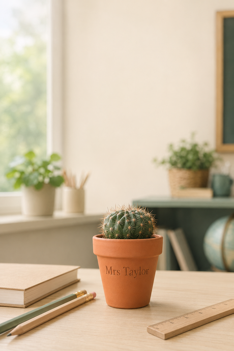 A small green cactus in a terracotta pot engraved with the name 'Mrs Taylor', placed on a light wood desk in a softly lit room with books, pencils, and plants in the background.