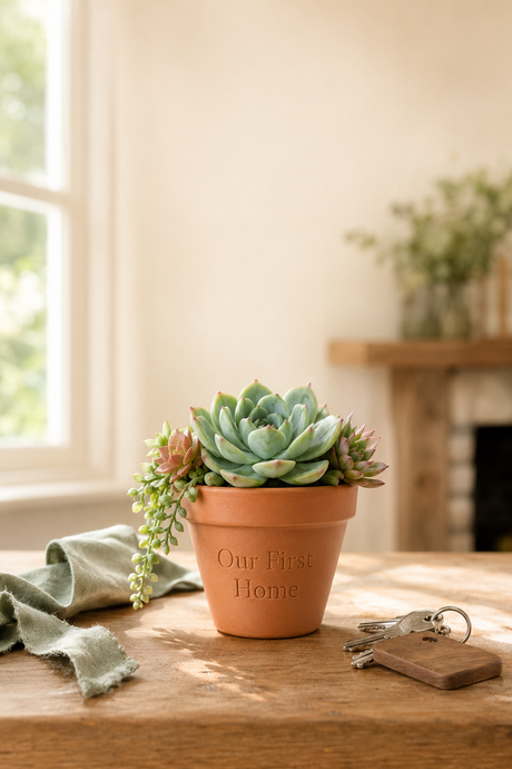 A small succulent plant in a terracotta pot sitting on a wooden table in a softly lit room. The pot is embossed with the words 'Our First Home.