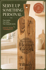 Personalised wooden serving board shown on a kitchen counter with promotional text on the left and a round 'Personalised by You' badge on the upper right.
