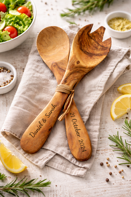 Small Olive Wood Salad Servers Set – Wooden Salad Spoon & Fork (21cm) with Optional Personalised Engraving