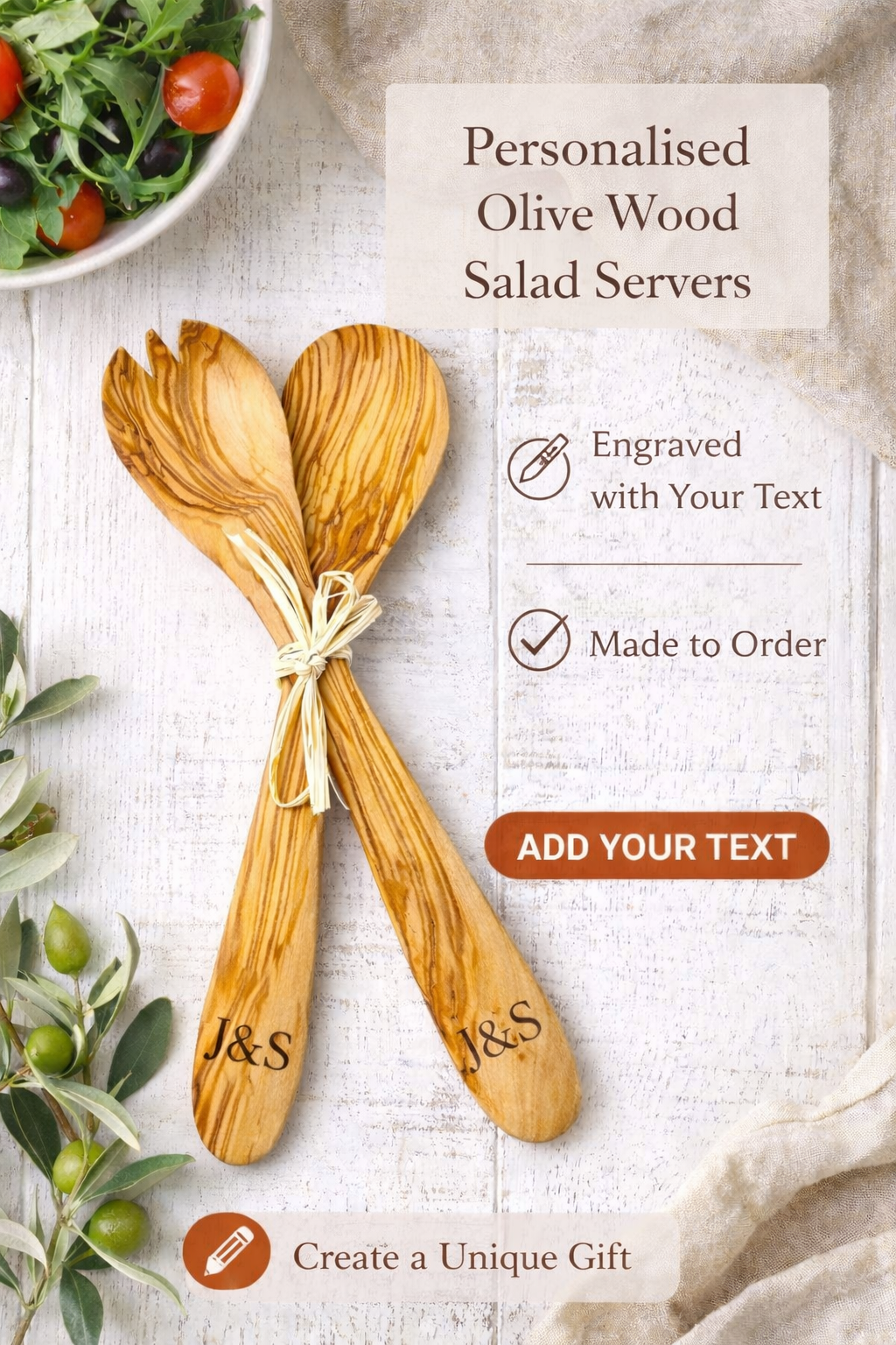 Personalised olive wood salad servers with text option on a rustic background