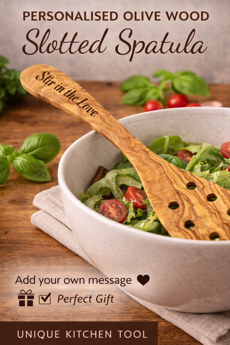 Olive Wood Slotted Spatula Cooking Utensil (30cm) - with Optional Personalised Engraving
