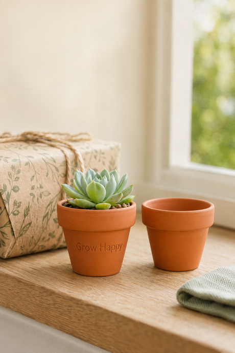 Two terracotta pots on a wooden windowsill, with one pot containing a small green succulent and the other empty. The pot with the succulent has the words 'Grow Happy' printed on it.