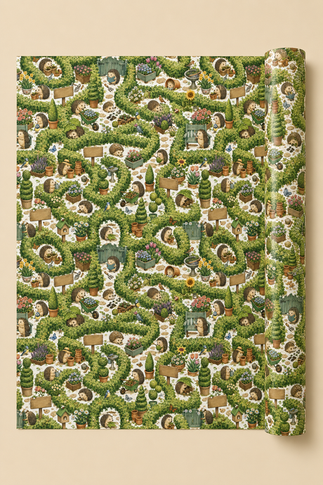 A roll of wrapping paper featuring a hedgehogs in a garden maze of hedges pattern, with signs that can be personalised with text. Shown partially unrolled against a solid beige background.
