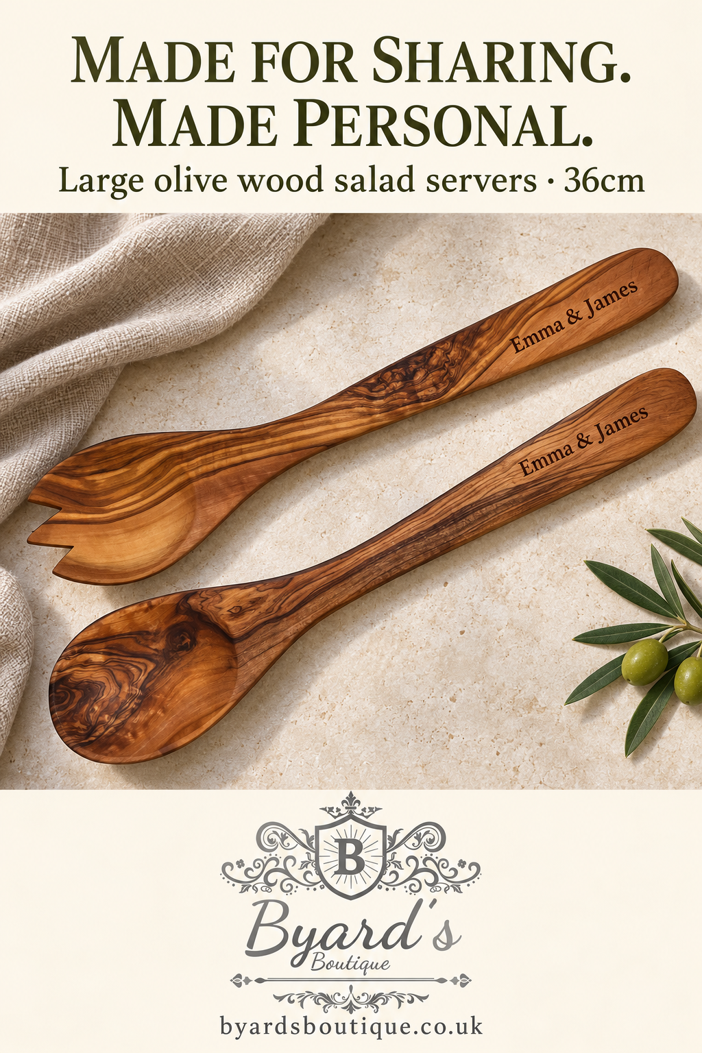 Olive Wood Salad Servers – Large 36cm Pair (Optional Personalisation)