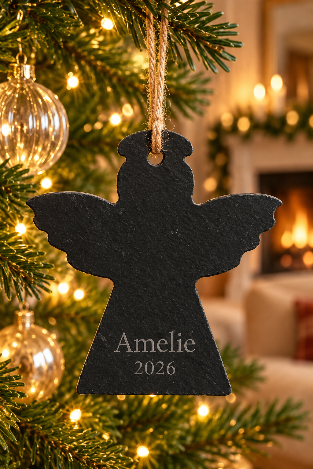 A black slate angel-shaped Christmas ornament hanging from a tree with warm white lights and gold ornaments. The ornament is personalized with the name 'Amelie' and the year '2026' in white text.