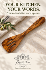 “Your kitchen. Your words.” pin featuring a personalised olive wood spatula, Byard’s Boutique logo and website.