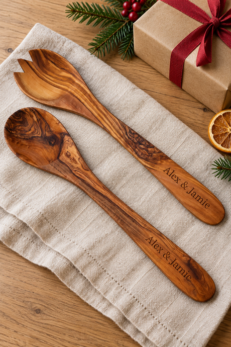 Olive Wood Salad Servers – Large 36cm Pair (Optional Personalisation)