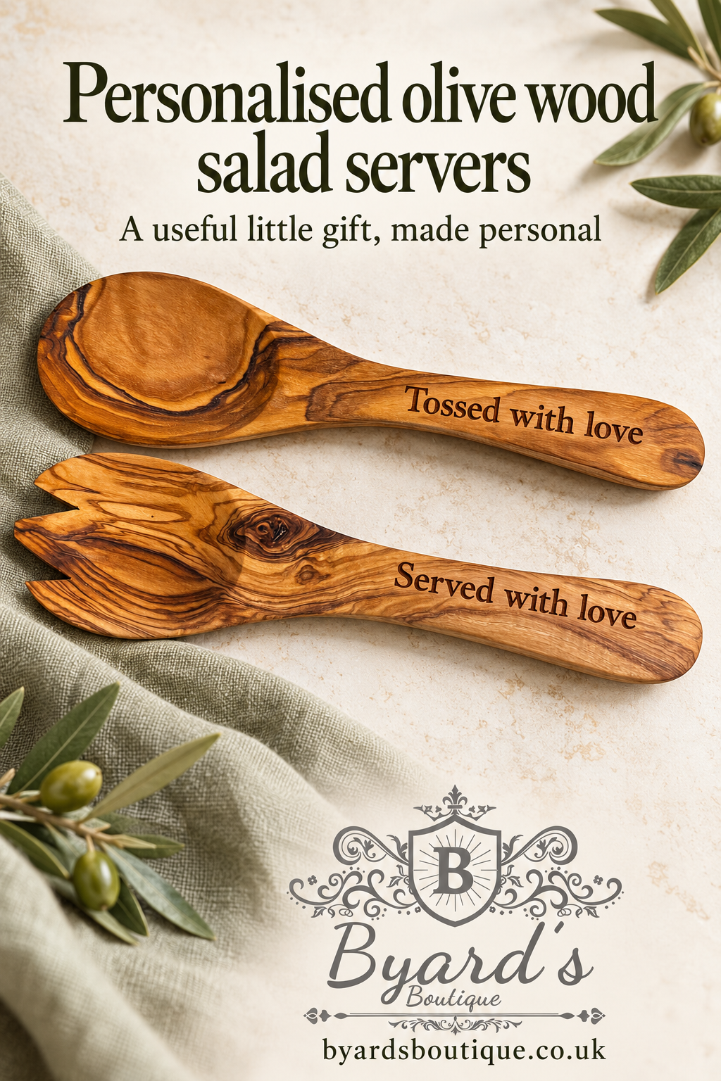 Byard’s Boutique pin showing personalised olive wood salad servers, the headline “A useful little gift, made personal”, the boutique logo and website address.