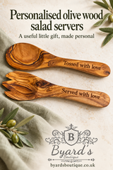 Byard’s Boutique pin showing personalised olive wood salad servers, the headline “A useful little gift, made personal”, the boutique logo and website address.