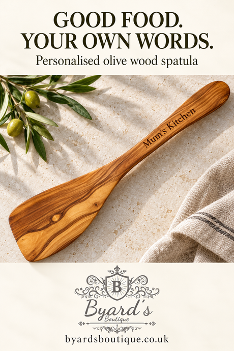 “Good food. Your own words.” pin featuring a personalised olive wood spatula, Byard’s Boutique logo and website.