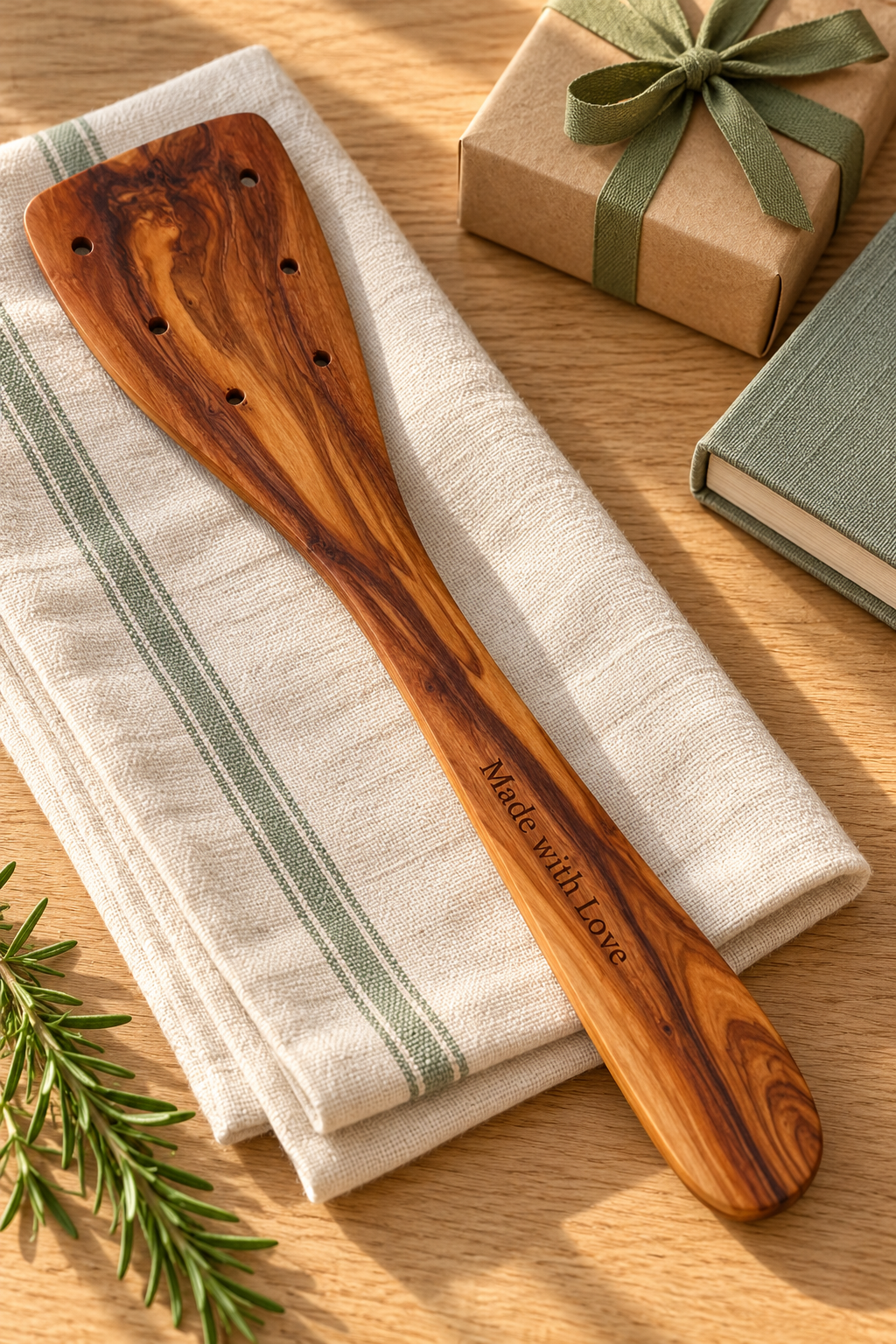 Olive wood spatula engraved “Made with Love”, styled on striped linen beside a wrapped gift and recipe book.