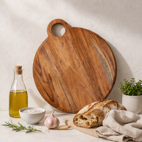 wooden cutting boards in various settings with food and decor elements.