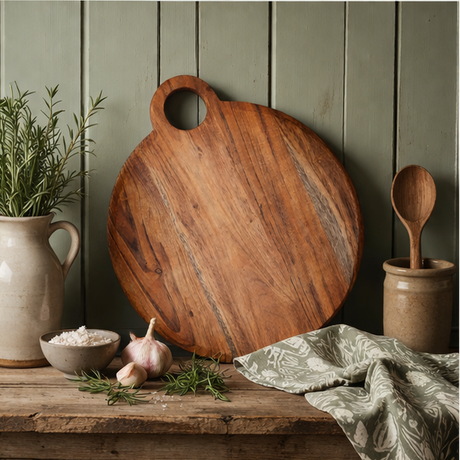 wooden cutting boards in various settings with food and decor elements.