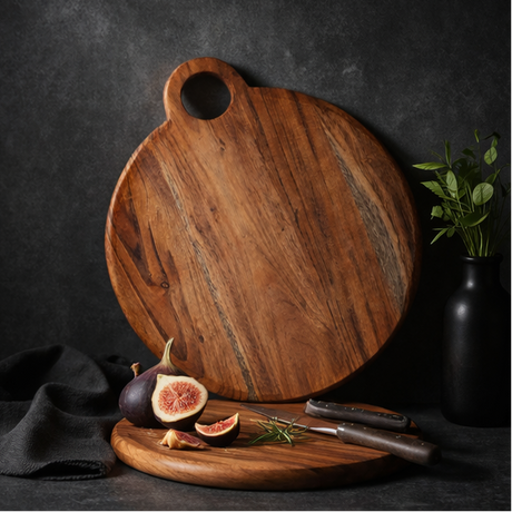 wooden cutting boards in various settings with food and decor elements.