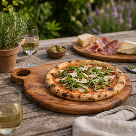 wooden cutting boards in various settings with food and decor elements.