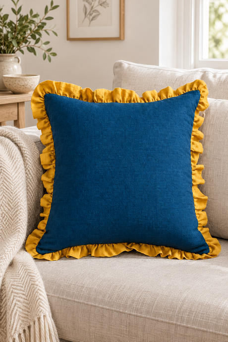 Square deep blue linen cushion with mustard ruffle on a pale sofa beside a cream herringbone throw.