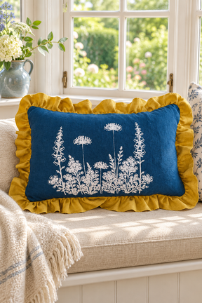 Blue Florilegium cushion with white flowers and mustard ruffle on a cream cottage window seat.