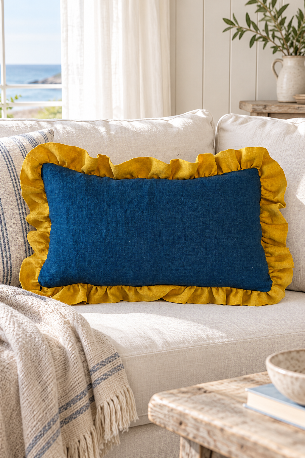 Blue rectangular linen cushion with mustard frill on an ivory sofa in a bright coastal room.