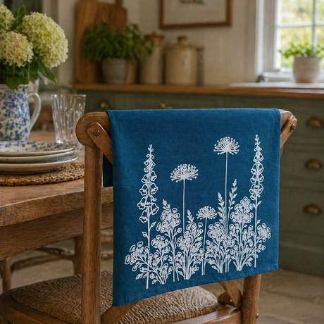 Blue linen tea towel with white floral design on a wooden chair in a kitchen setting