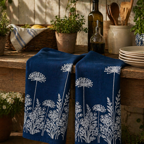 Blue hand printed linen tea towels with white floral pattern on a wooden table with plants and kitchen items.