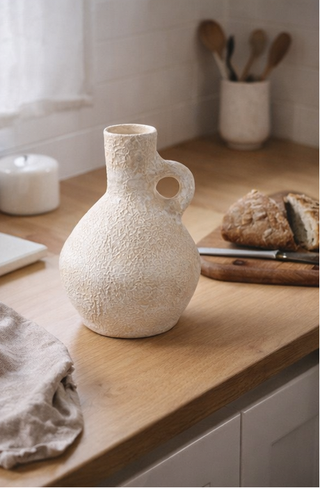 Textured terracotta vase on a wooden kitchen counter with bread and utensils in the background.